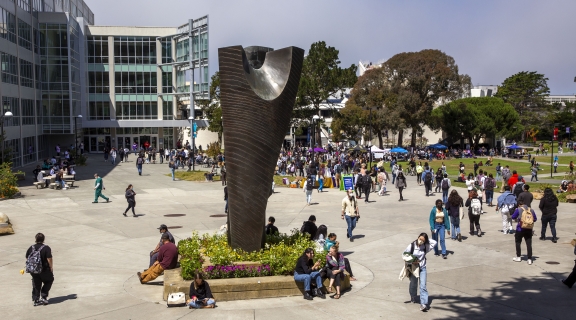 view of J. Paul Leonard Library and Sculpture from outside arial view